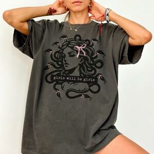 Girls Will Be Girls Oversized Graphic Tee - Black acid wash with Pink Accents